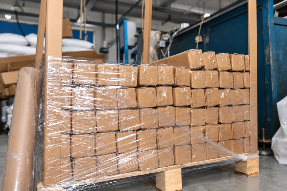 Packaging reference showing wrapped cartons on a wooden pallet